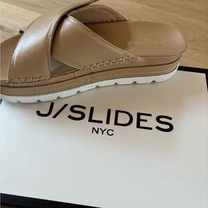 J Slides Tan and White Sandals with Crossover Straps